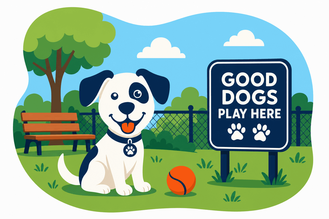Happy spotted dog sitting in a sunny dog park next to a sign reading Good Dogs Play Here